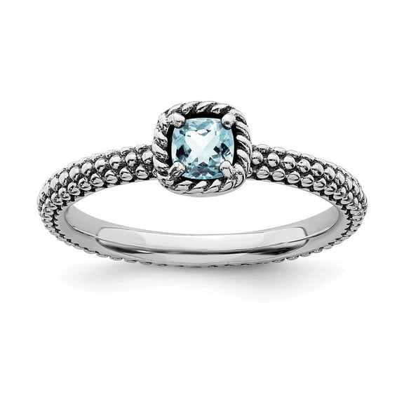 925 Sterling Silver Stackable Expressions Checker-cut Aquamarine Antiqued Ring Size: 8; for Adults and Teens; for Women and Men