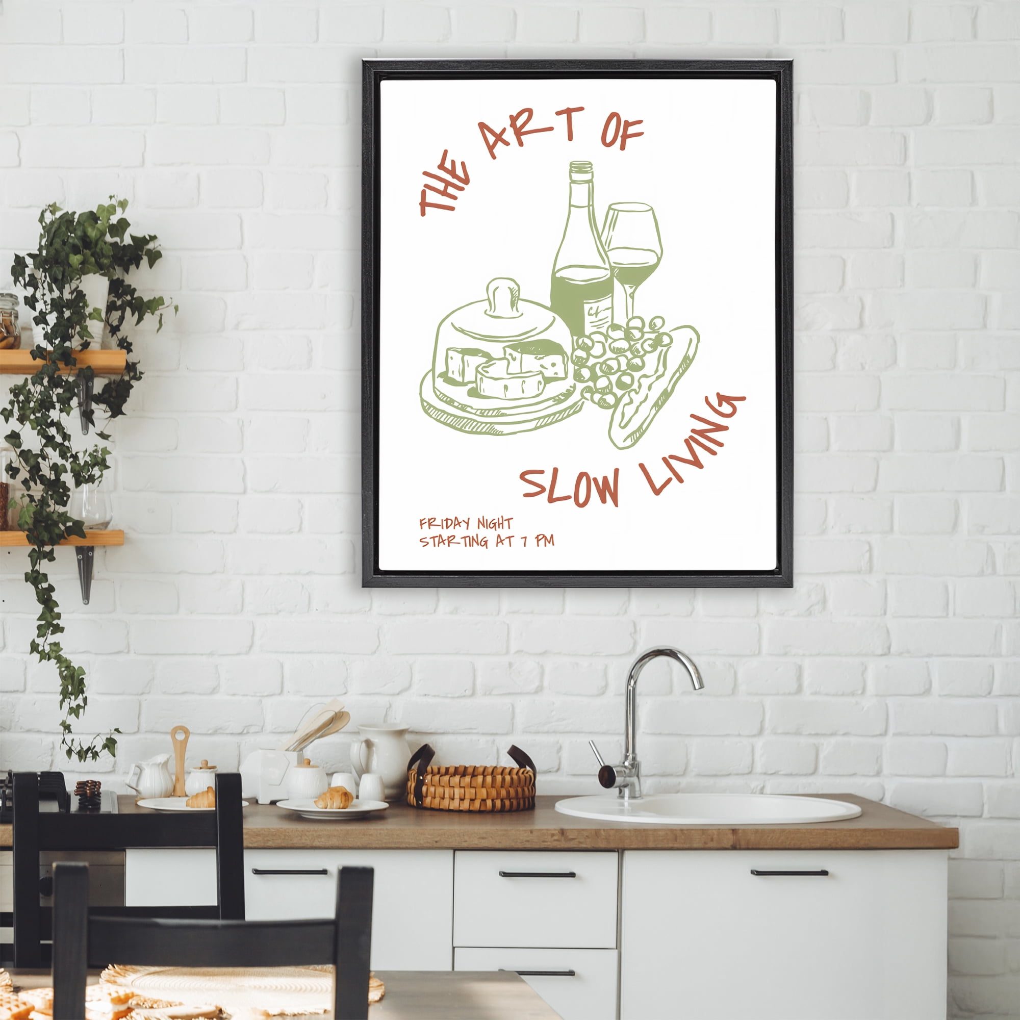 Stupell Industries Slow Living Wine & Cheese Black Framed Floater Canvas Wall Art, design by The Prints Vibe