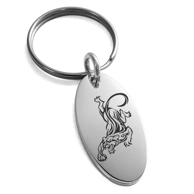 Stainless Steel Striking Tiger Engraved Small Oval Charm Keychain Keyring