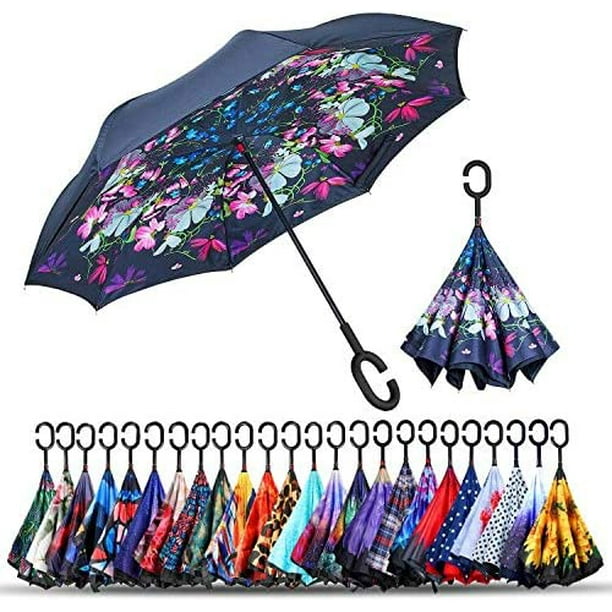 Parasols Inversés à Double Couche Parapluie Pliant Arrière Protection Anti- Vent UV Grand Parapluie Droit à l'Envers pour Voiture Pluie à l'Extérieur  avec Poignée en Forme de C 