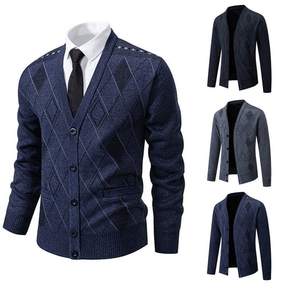 Miluxas Buttons Argyle Pattern Mens Cardigans Men V Neck Pocket Sweaters Cardigan Slim Fit Button Knit Sweater Gray