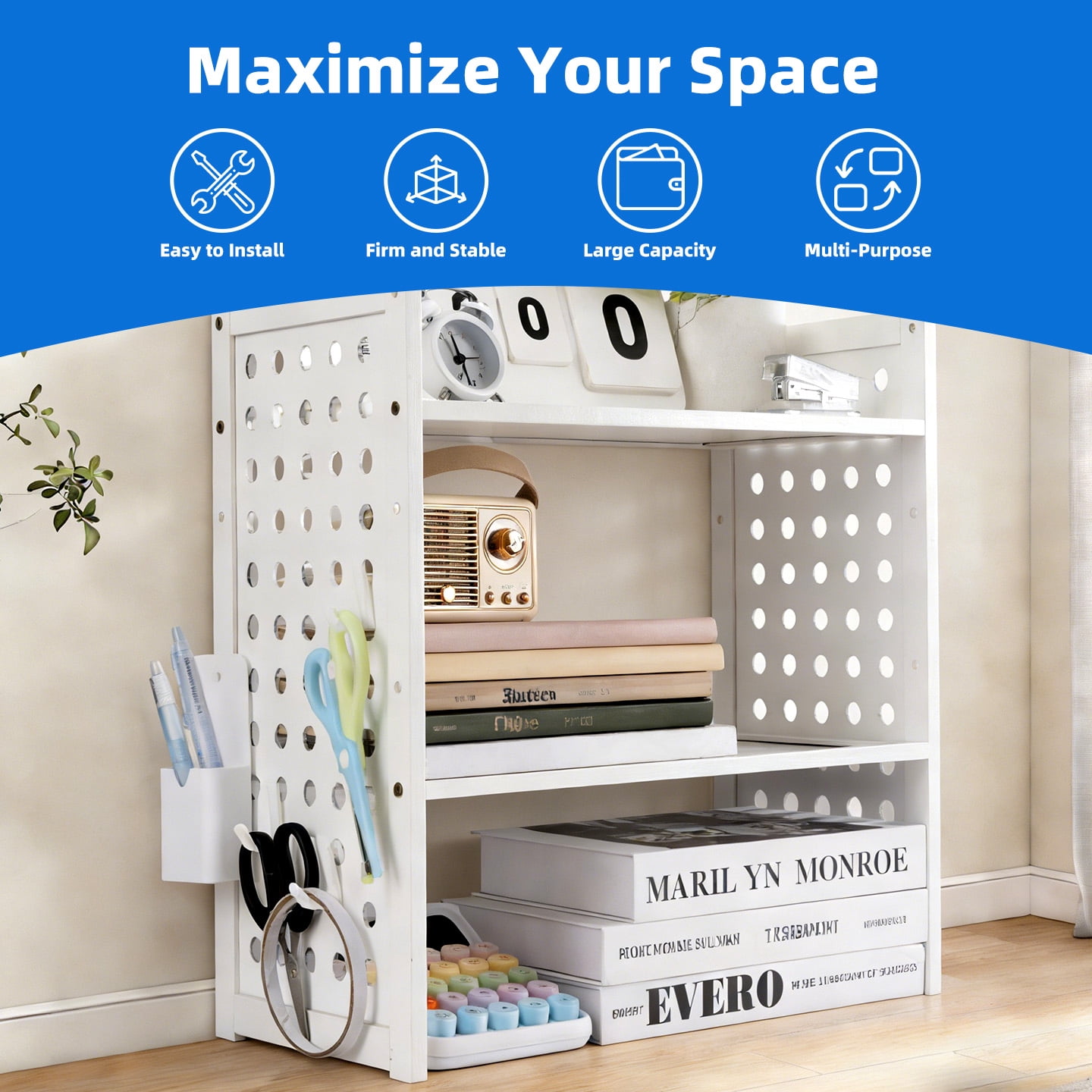 Marsrock  Clearance (White-2 Tier) Office Desk Shelf Organizer,Medium Density Fiberboard Desktop Bookshelf Supplies Storage Rack,Shelf for Top of Desk and Dresser