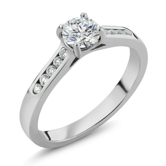 Gem Stone King 925 Sterling Silver Lab Grown Diamond and White Created Sapphire Engagement Ring for Women | 0.60 Cttw | Round 5MM | Gemstone April Birthstone | Size 5