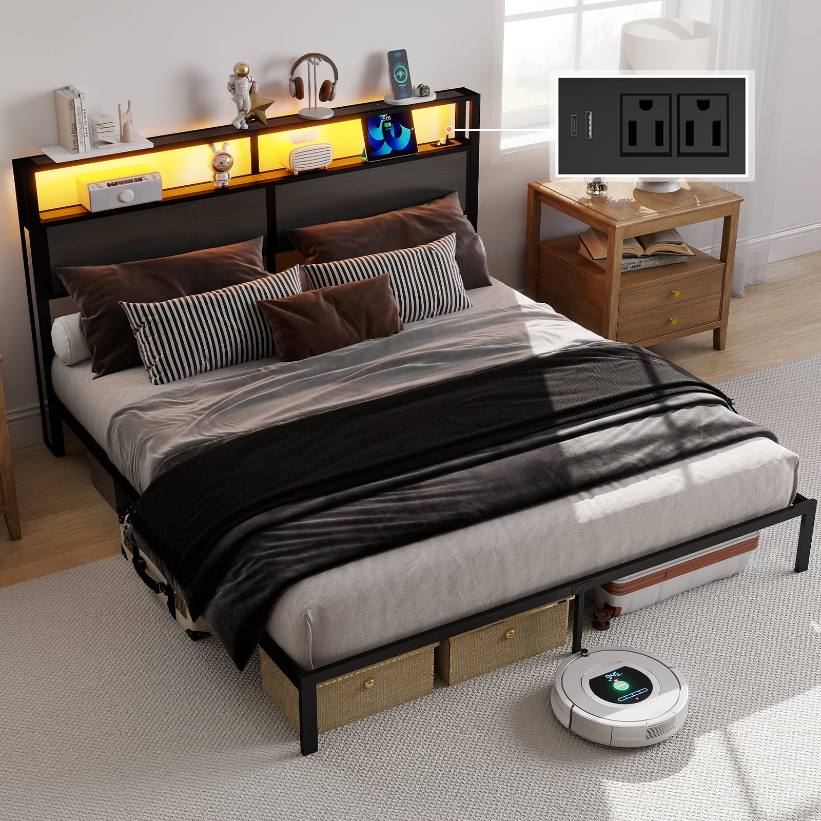Leumius King Size Bed Frame with Headboard, Platform Bed with RGB LED Light & Charging Station & Under Bed Storage Space, Easy Assembly,Dark Gray