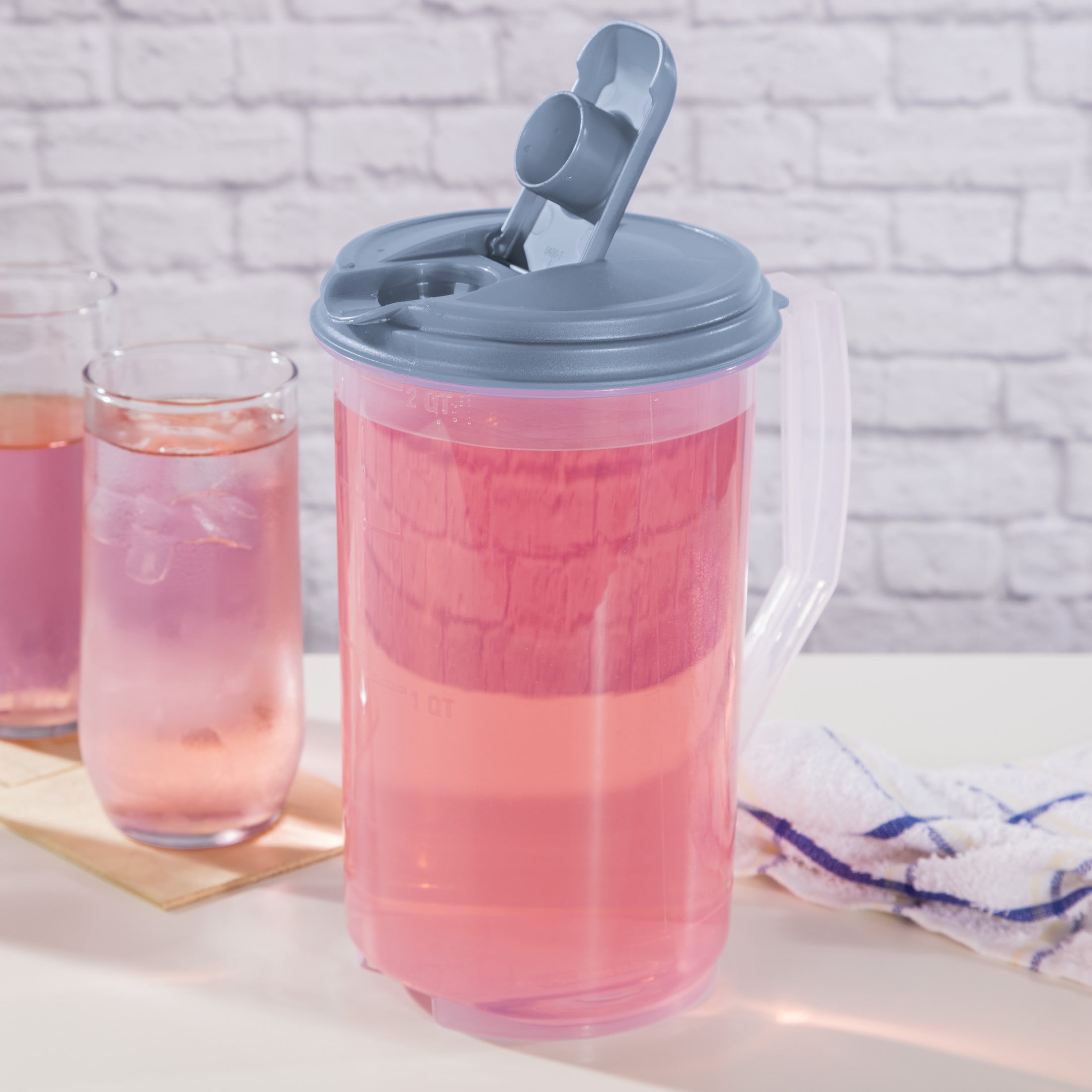 (2 pack) Sterilite, Pitcher, 2 Quart Round Pitcher, Clear Plastic, Flip-top Spout, Light Blue, plastic, 2 quart, useful for everyday beverage storage.