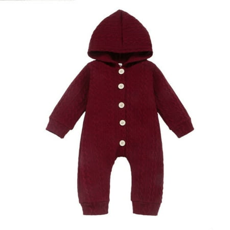 

Newborn Baby Girl Boy Knitted Long Sleeve Hooded Romper Solid Color Button Down Jumpsuit Bodysuit Outfits