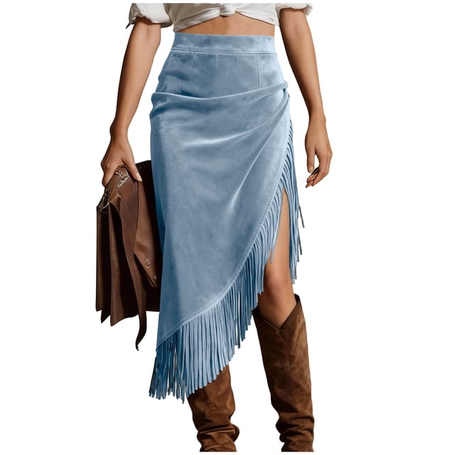 Falda de Franja para Mujeres de Cintura Alta Bodycon Midi Asimétrica Split Western Style