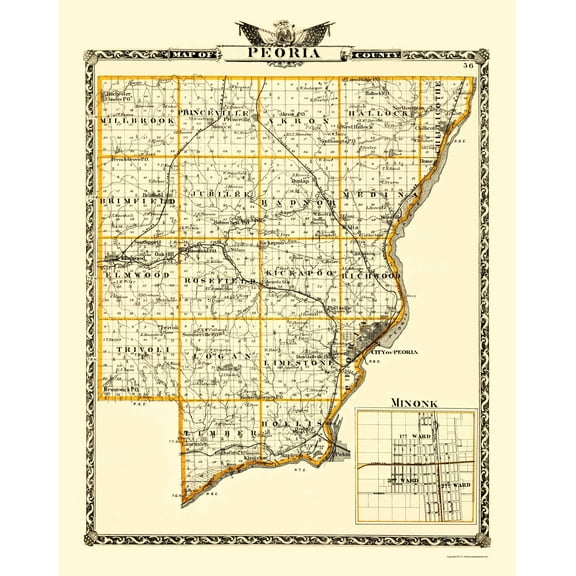 Historic County Map - Peoria County Illinois  - Warner 1876 - 23 x 28.96 - Vintage Wall Art