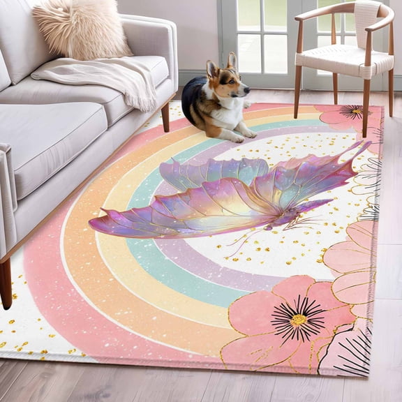 Purple Butterfly Area Rugs 2.7'x5', Washable Small Throw Rugs for Kitchen Bedroom, Cute Rainbow Spring Floral Botanical Indoor Outdoor Rug Non-Slip Low Pile Carpet Runner Reversible Floor Mats