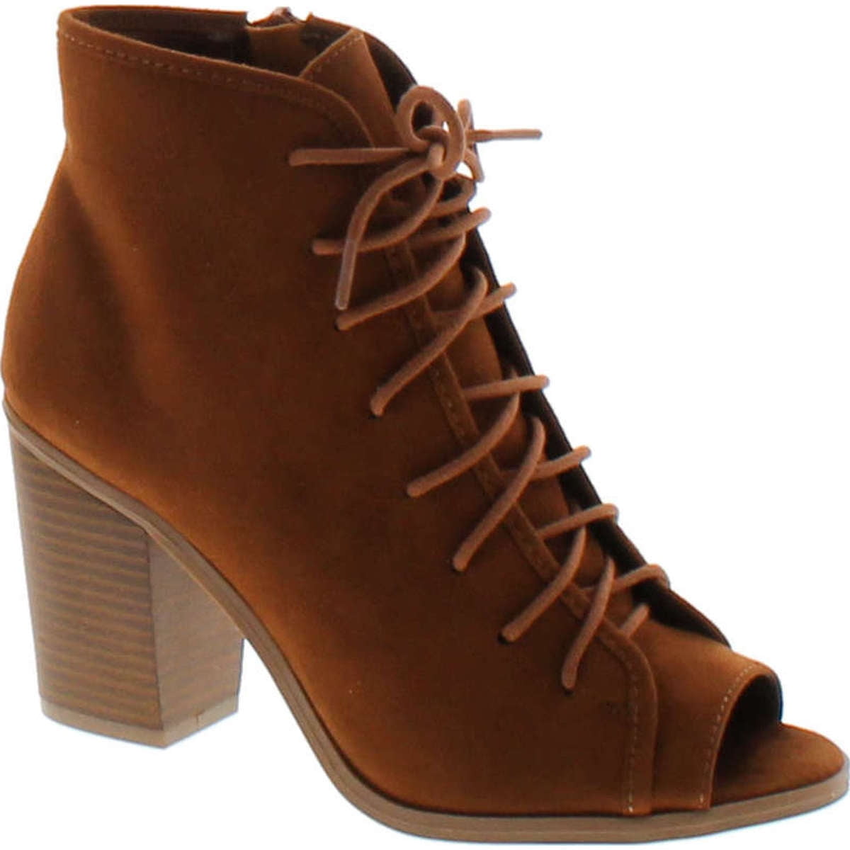 Soda Women's Hush Faux Suede Peep Toe Lace Up Stacked Heel Ankle Boot