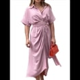thumbnail image 2 of Vestido Camisero Fruncido de Verano para Mujer, Corta, Solapa, Cuello en V, Fiesta, Cintura Alta, Rosa L, 2 of 9