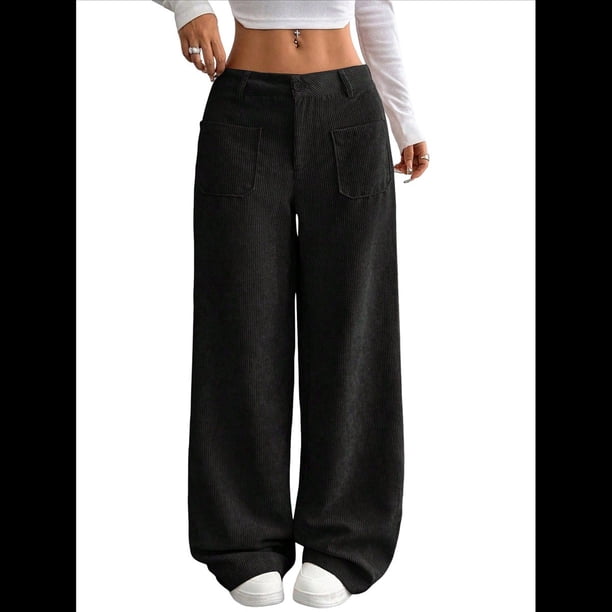 Pantalones Anchos de para Mujer, Rectos, con Botones y Cremallera Frontal, y Bolsillos Negro M
