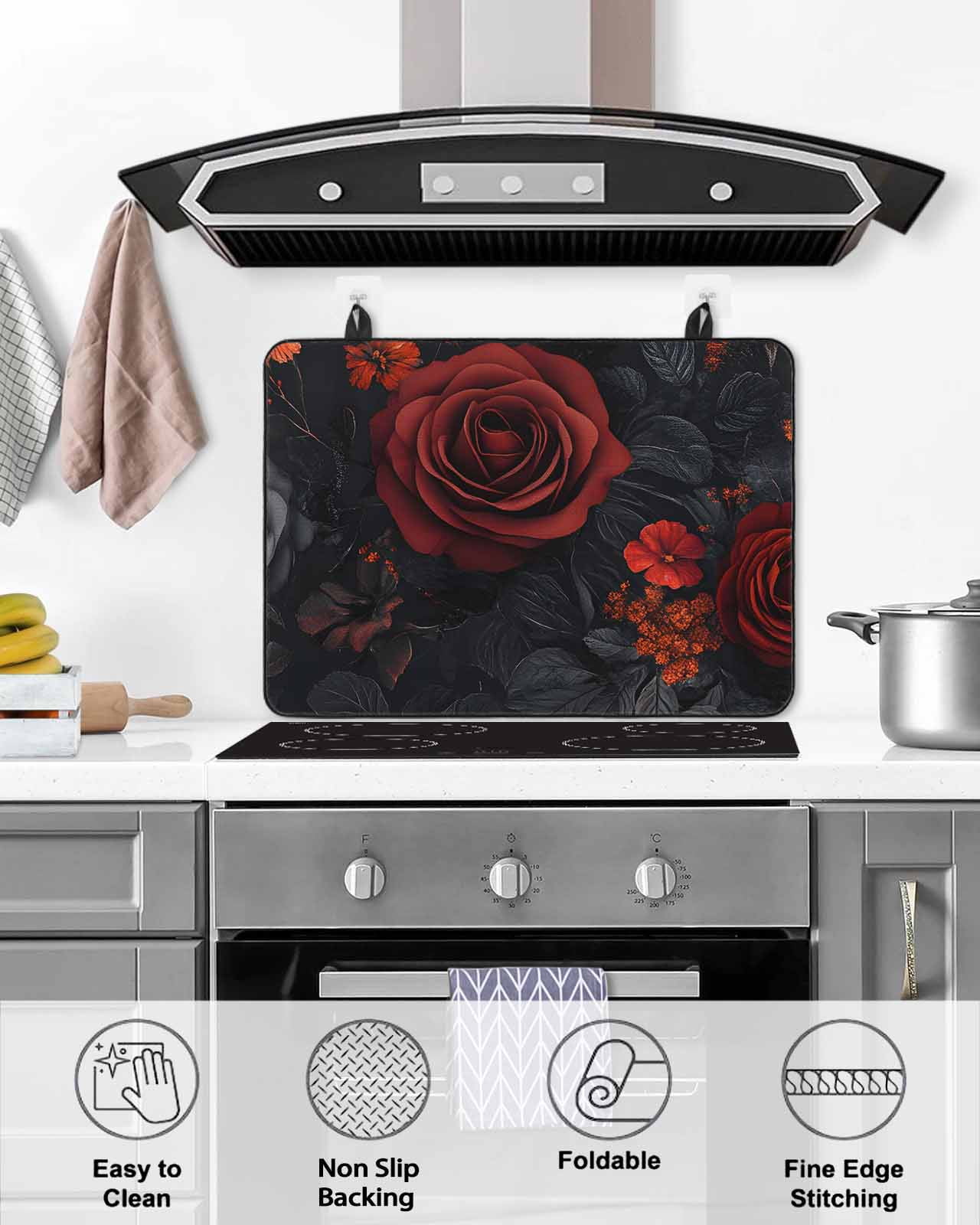 nqOlkjepod Large Induction Cooktop Protector Mat 36"x21", Red Orange Roses Stove Top Covers for Electric Stove, Elegant Romantic Flowers Pastoral Stove Burner Cover Mats, Glass Top Stove Cover