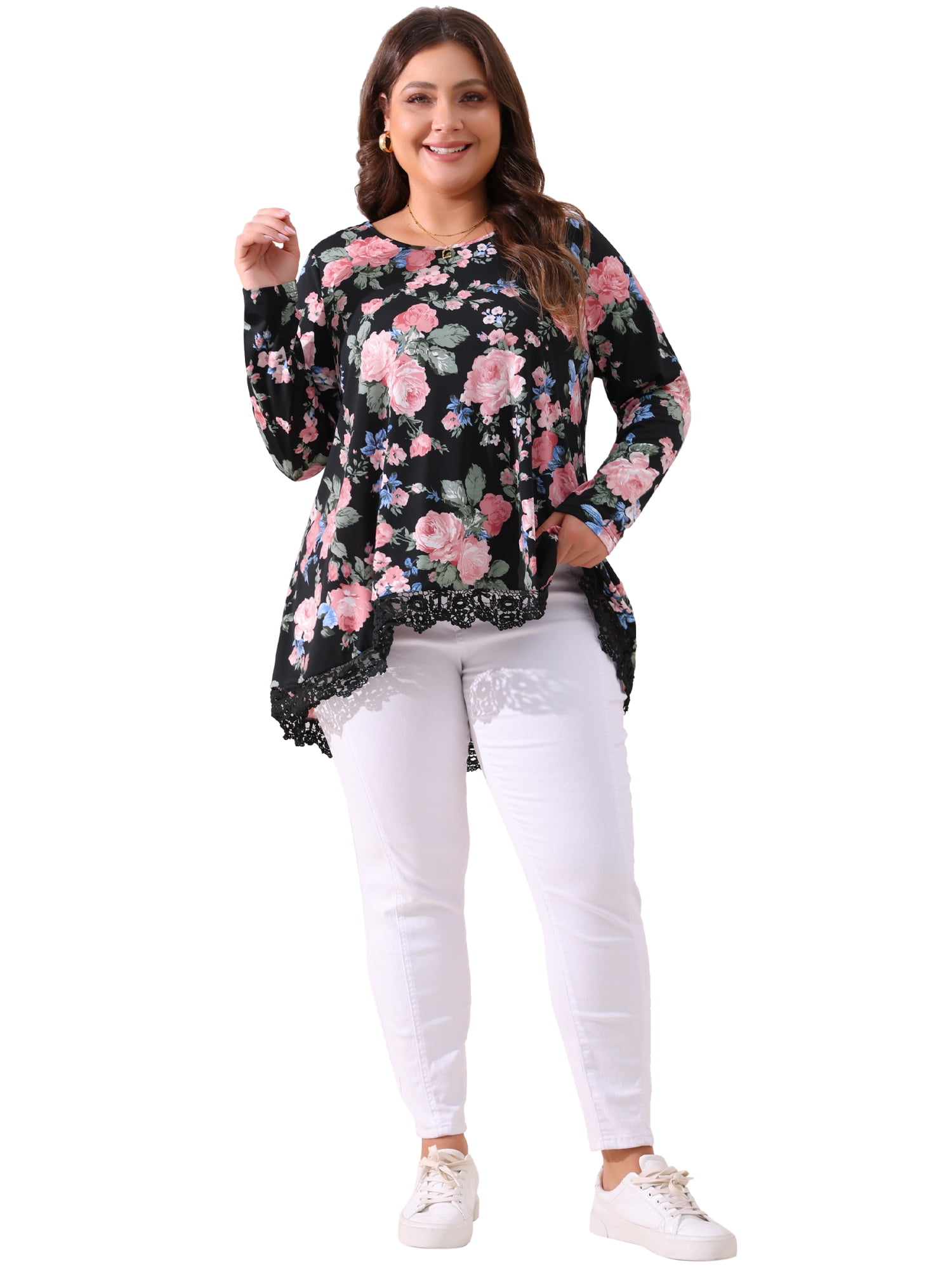 DARING DIVA Women's Plus Size Crew Neck Lace Trim A-Line Floral Blouse 3X Black