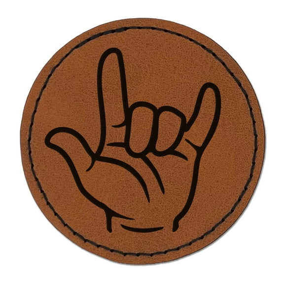 I Love You Hand Sign Language 2.5" Faux Leather Round Engraved Iron-On Patch - Brown