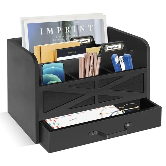 Wood Mail Organizer Countertop, Rustic Desktop Mail Organizer with 5 Compartments and Drawer, Mail Holder File Organizer Wall Mount, Desk Organizers and Accessories, File Paper Holder for Desktop