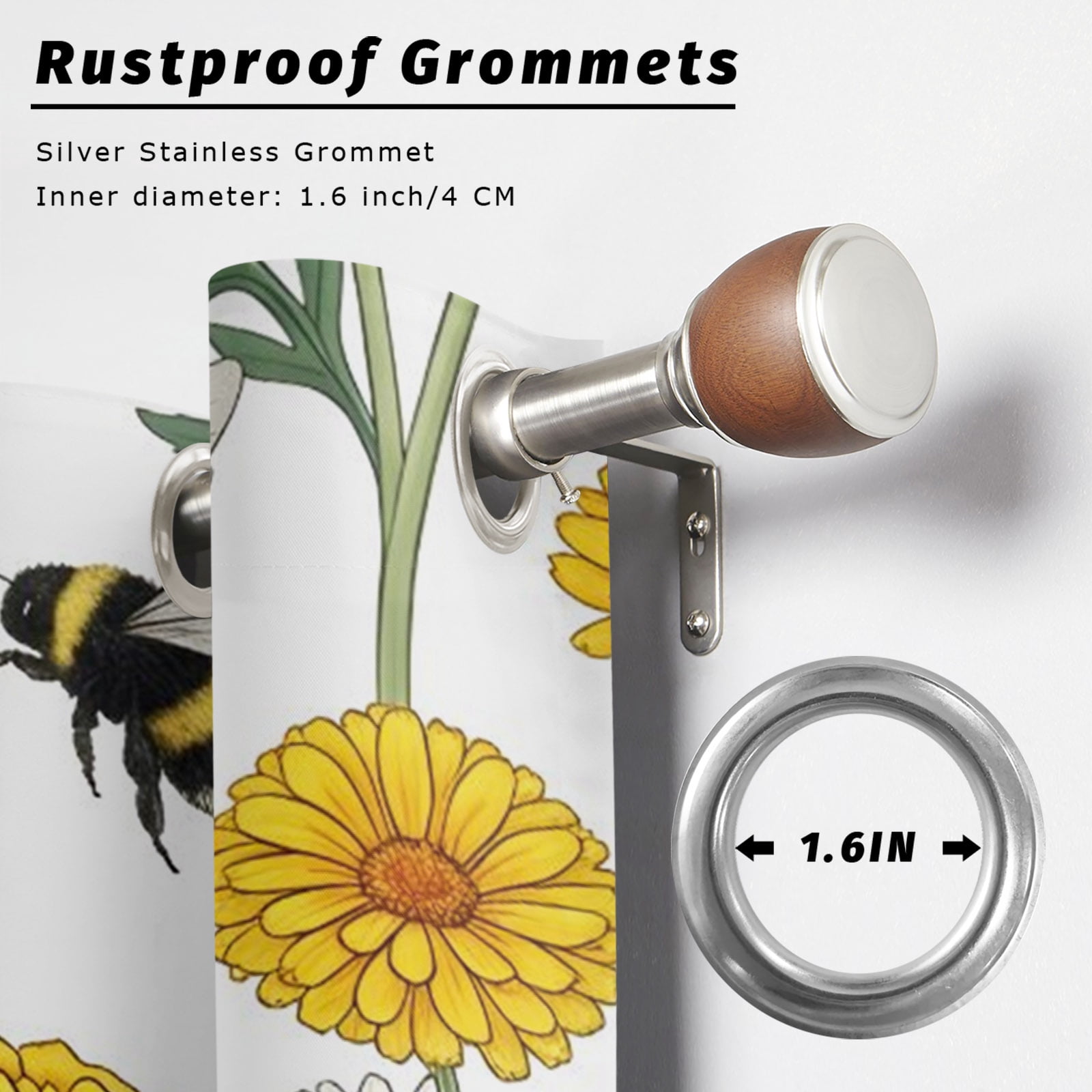 Summer Daisy Outdoor Curtains for Patio, White Yellow Flower Bee Pastoral Floral Leaves Sunshade Privacy Drapes Grommet Waterproof Outside Curtains for Porch/Cabana/Balcony 54"x 108", 1 Panel
