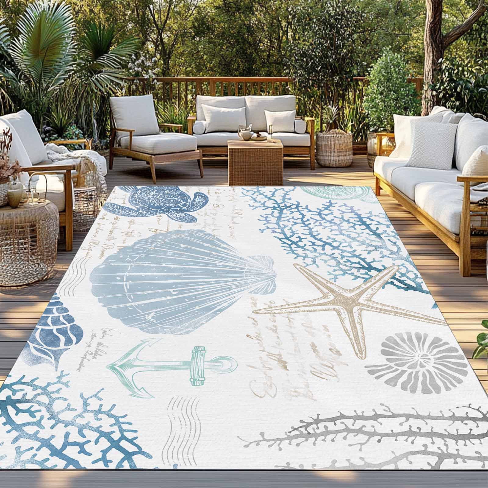 Outdoor Rug 6x9 ft Blue Coastal Ocean Beach Themed Waterproof Outdoor Patio Rug Mat Non Slip Outside Area Rugs Carpet for RV,Camping,Porch,Deck,Pool,Balconybackyard,Sea Turtle Starfish Shell