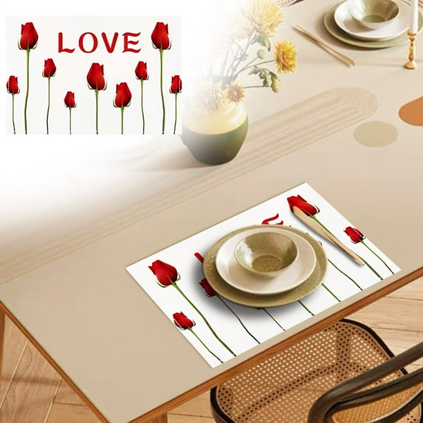 Juego de 4 manteles individuales para San Valentín 2025, con estampado floral y letras rojas, aislantes térmicos para decoración navideña, 30 x 45 cm