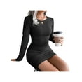 thumbnail image 3 of Liacowi Women Rib Knitted Drawstring Bodycon Mini Dress Fall Casual Slim Fit Long Sleeve Crew Neck Pleated Dress, 3 of 5
