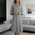 thumbnail image 6 of FDGIU Women's Collared V Neck Half Button Bell 3/4 Sleeve Loose Linen Midi Dress, Casual Office Work Spring Fall Home Lounge Straight Mid Length Dresses, 6 of 6