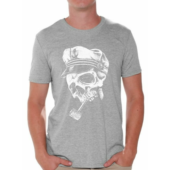 Awkward Styles Skull with Captain Hat and Pipe Tshirt for Men Sugar Skull Shirt Captain Skull T Shirt Dia de los Muertos Gifts for Him Day of the Dead Shirt for Men Skull Gifts Cool Skull Shirt