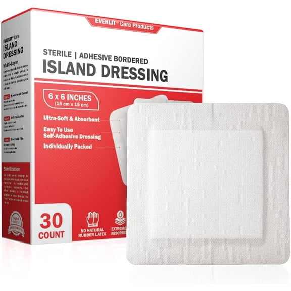 EVERLIT Island Dressing Bordered Gauze | Large Wound Care Bandage with Adhesive Border| Sterile, Soft & Highly Absorbent Medical Grade Pad (6x6 Inch (Pack of 30))