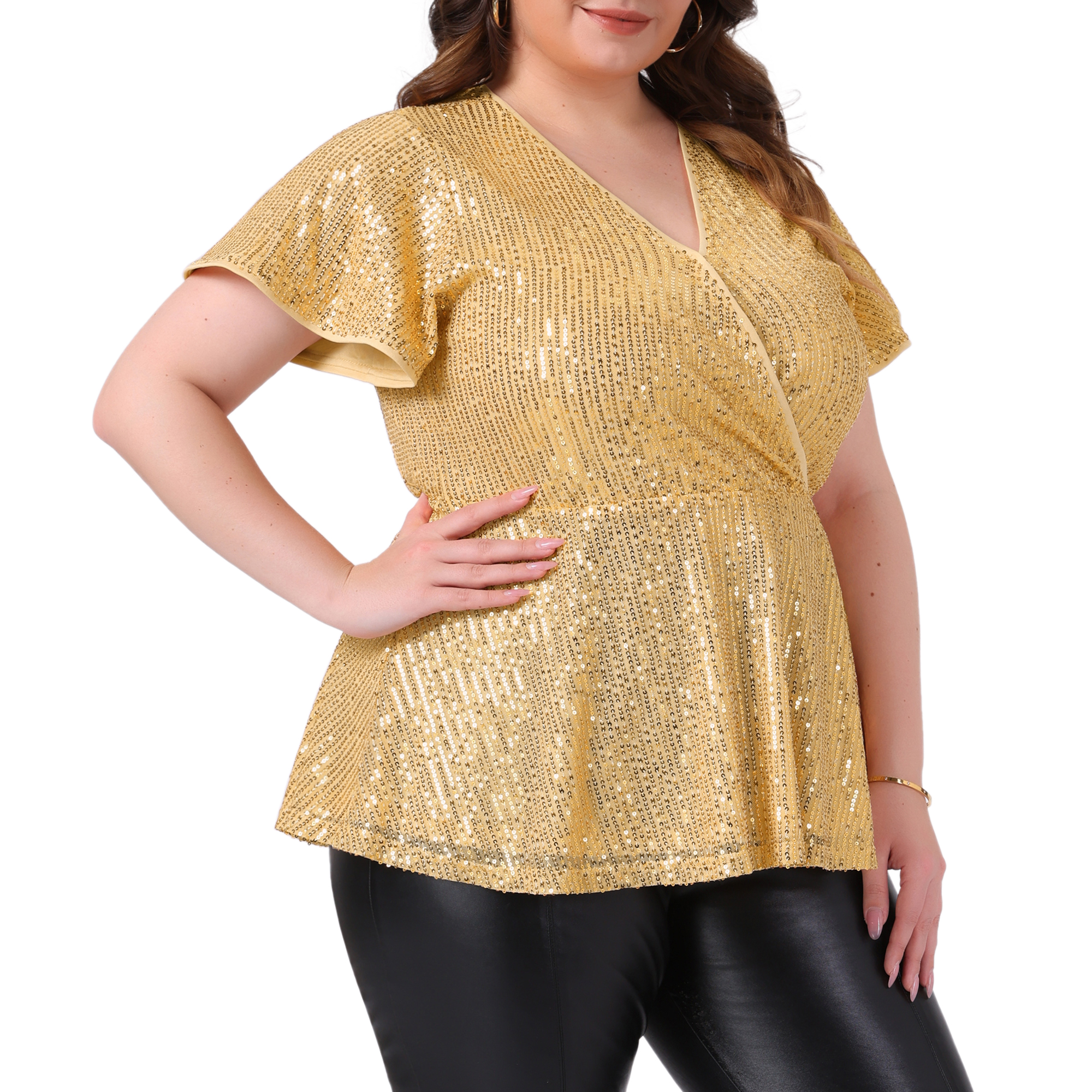 DARING DIVA Women's Plus Sequin V Neck Faux Wrap Metallic Shirt 3X Gold