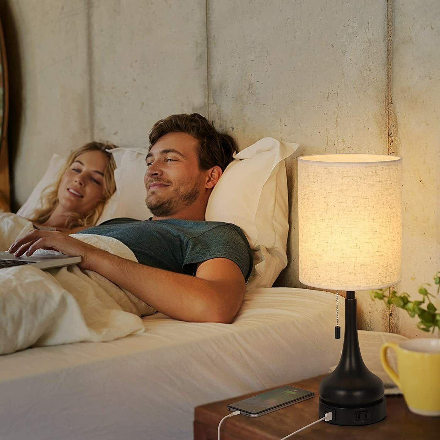 Set of 2 Bedside Lamps with Dual USB & Outlet- USB Lamps with Pull Chain Switch