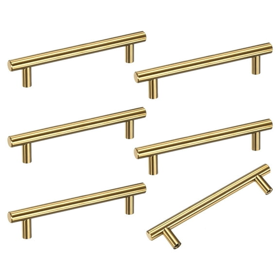 Uxcell 6-Pack Cabinet Pulls Knobs, 5.9" Modern Stainless Steel T Bar Knobs Double Hole Handles [Gold]