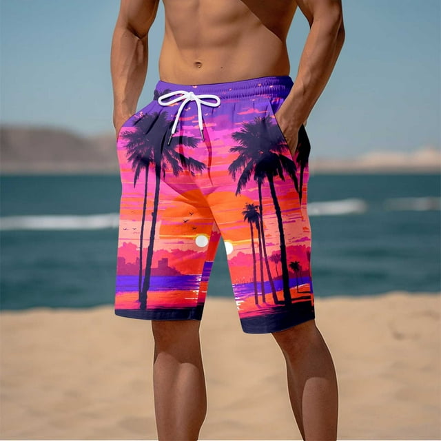 Short de Plage pour Hommes avec Imprimé 3D Coucher de Soleil Cocotier Décontracté