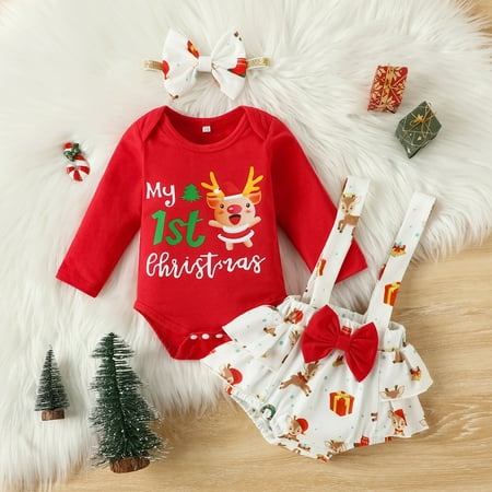 

My 1st Christmas Baby Girl Outfit Infant Clothes Xmas Reindeer Romper Buffalo Plaid Suspender Skirt Set