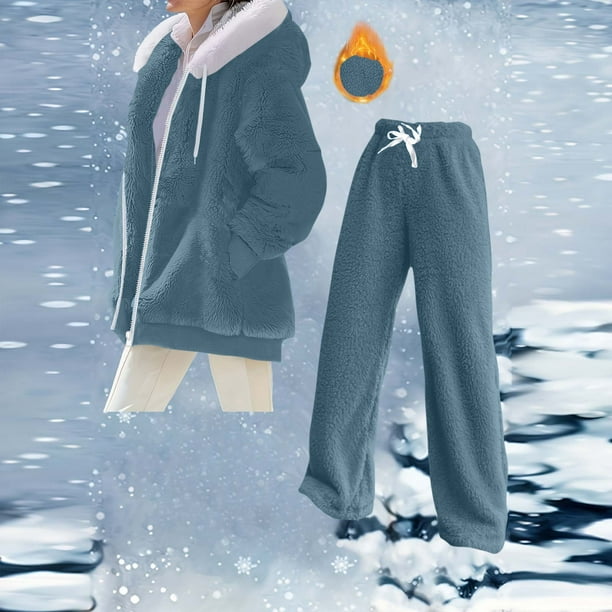 HongQid Womens 2 Piece Sweatsuit Set Sherpa Winter Coats Fleece Zip Up Jackets Warm Plush Hooded Plus Size Winter Coats Oversized Fuzzy Jackets with Pants