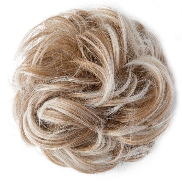 Nvzi Moño despeinado, postizo ondulado y rizado para mujer, postizo con banda elástica, coleteros elásticos y esponjosos, postizos para coleta, recogidos para mujer, dorado y blanco.
