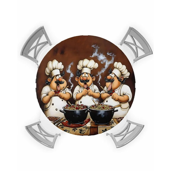 nqOlkjepod Fat Chef Round Tablecloth, Fitted Table Cover with Elastic for 45"-54" Round Tables, Cartoon Vintage Black Check Plaid Table Cloth Outdoor Indoor Dinning Party Waterproof Tablecloths