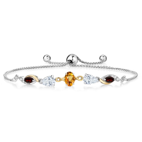 Gem Stone King 925 Silver and 10K Yellow Gold Yellow Sapphire White Moissanite Red Garnet and Lab Grown Diamond Tennis Bracelet for Women By Keren Hanan (1.78 cttw, Adjustable up To 9 inch)