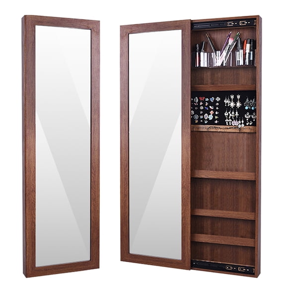 Over-the-Door/Wall Mounted Jewelry Armoire with Full-Length Mirror, Lockable Jewelry Cabinet Organizer, Brown Wood Finish, Dual Installation