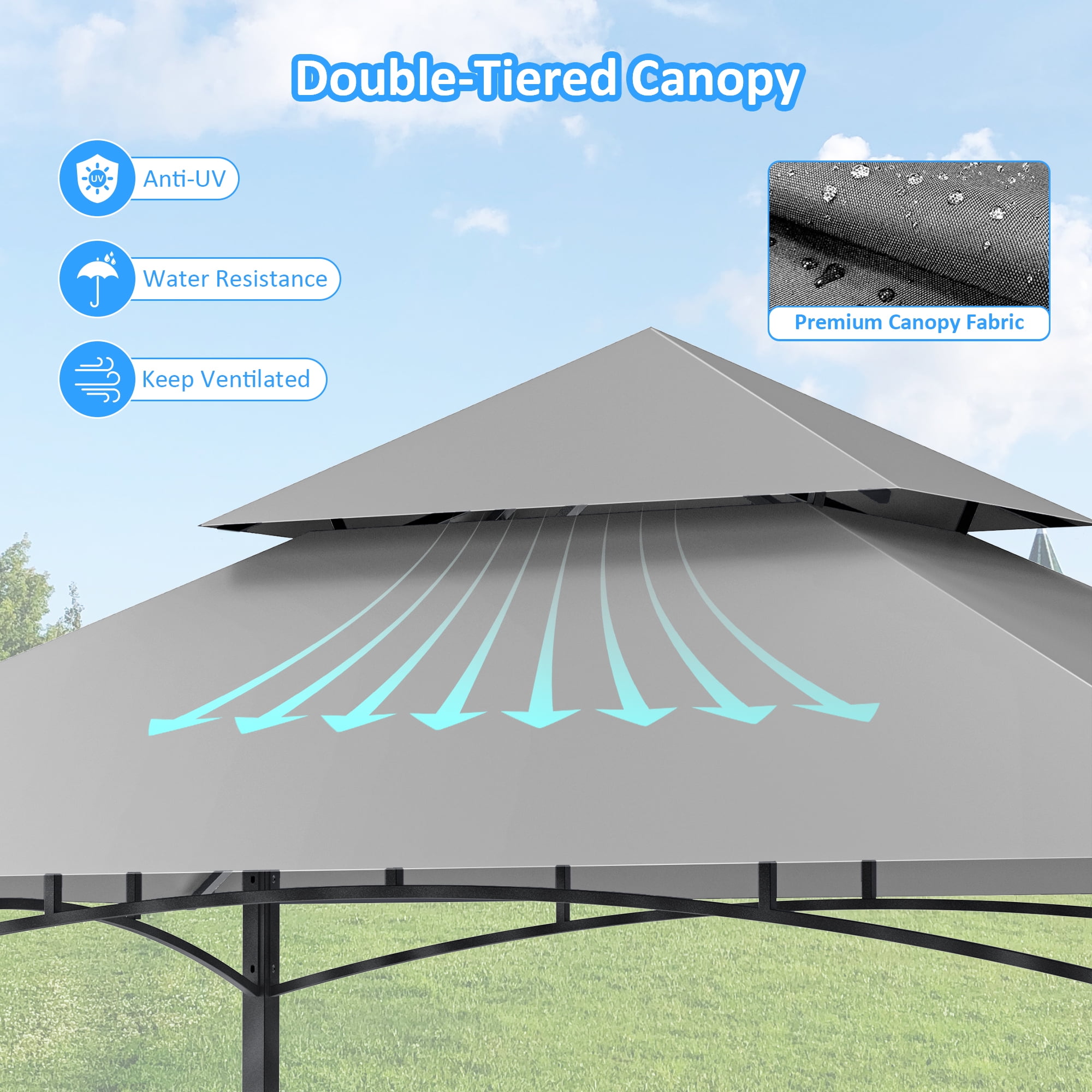 GVDV 8'x 5' Grill Gazebo Canopy, Outdoor BBQ Gazebo Shelter with 2 Side Shelves & Double-Tiered Top