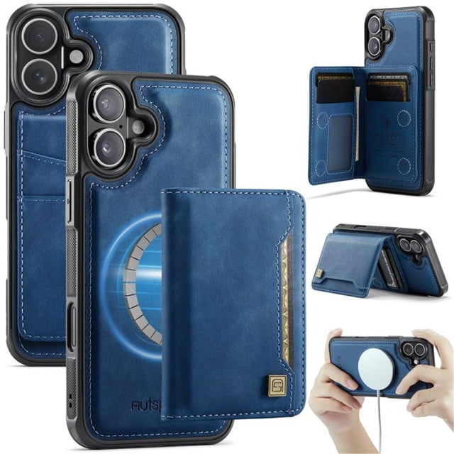 AutSpace Funda para Apple iPhone 16, Bloqueo RFID, Cuero PU, Compatible con MagSafe, Billetera Desmontable 2 en 1 con Tarjetero, Soporte, Cubierta Protectora Magnética, Azul, para iPhone 16