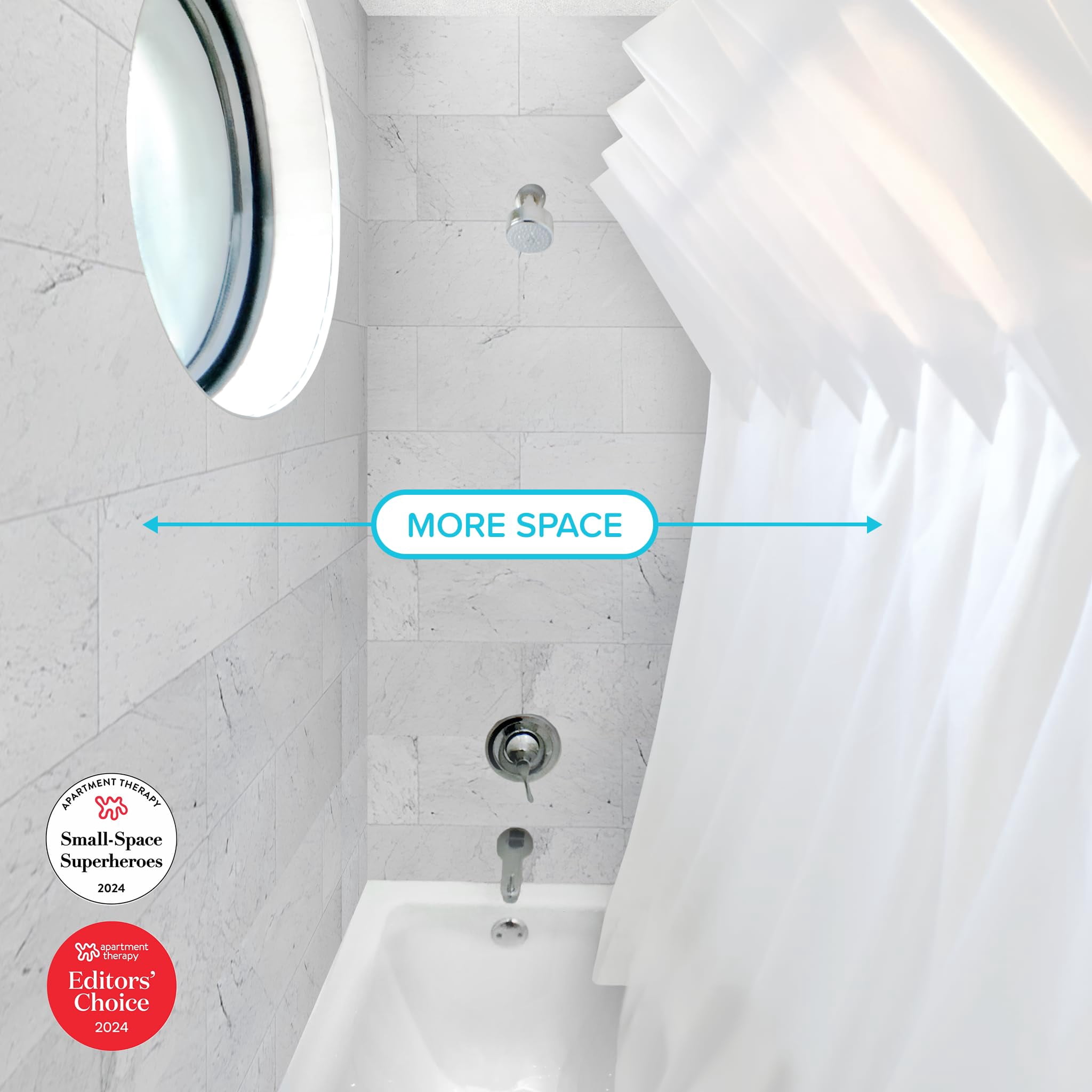SPACE Expandy Shower. 4-in-1 Set: Folding Expander + Pop-on Hoops + Machine Washable Shower Curtain Liner + Splash Guards. Fits Rods up to 60”W