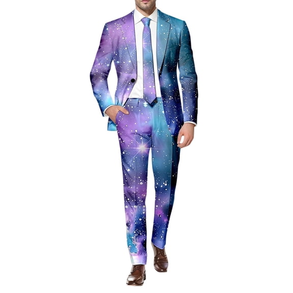 CONZONE Mens 2 Peice Suit Set Casual Dress Suit for Men Galaxy Graphic Long Sleeve Blazer Pants Elegant Slim Fit Party Wedding Business Set
