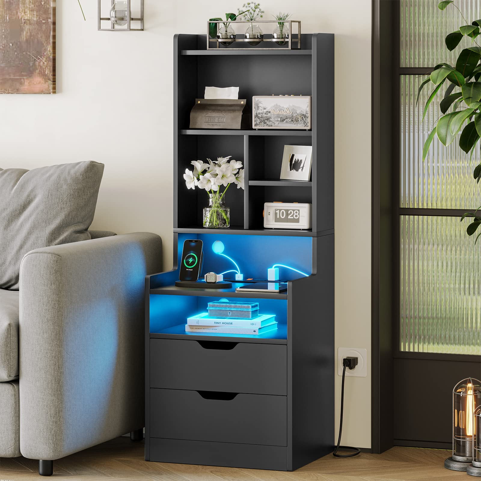 Afuhokles Tall Nightstand with Charging Station and LED Lights, Night Stand with Bookshelf, Bedside Table with Drawers, Black