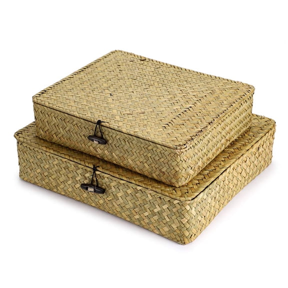 Set of 2 Flat Woven Wicker Storage Bins with Lid Natural Seagrass Basket Multipurpose Home Boxes for Shelf Organizer