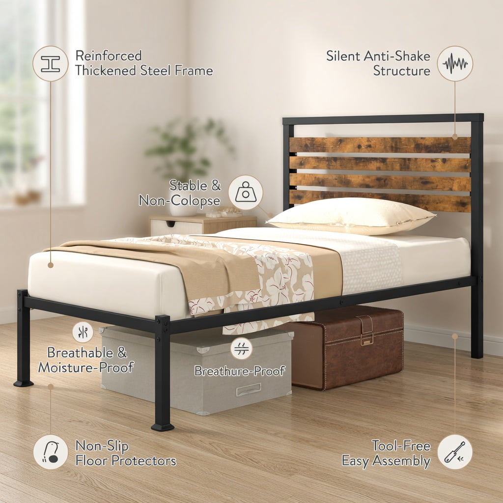 Demi Bonn Twin Size Canopy Metal Platform Bed Frame with Under Bed Storage, Steel Slat Support, No Box Spring Needed, Black