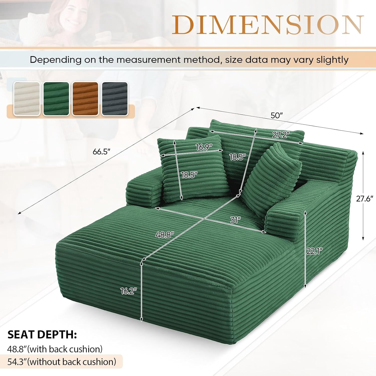AENKYO 50" Chaise Lounge Sofa Bed with 3 Pillows, Convertible Sleeper Couch for Living Room, Bedroom & Small Spaces - Corduroy Upholstered Deep Seat Comfy Furniture - Green