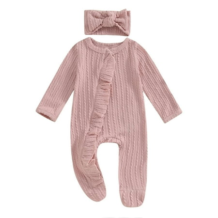 

Musuos Baby Girls Spring Autumn Jumpsuit 3 6 12M Long Sleeve Crew Neck Solid Color Ruffle Romper with Headband