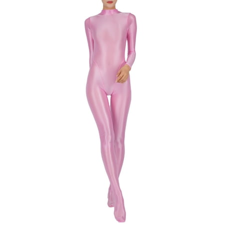 Riismen Women s Stretchy Oil Glossy Bodystocking Full Body Footed Bodysuits Jumpsuit Nightwear Pink M/L