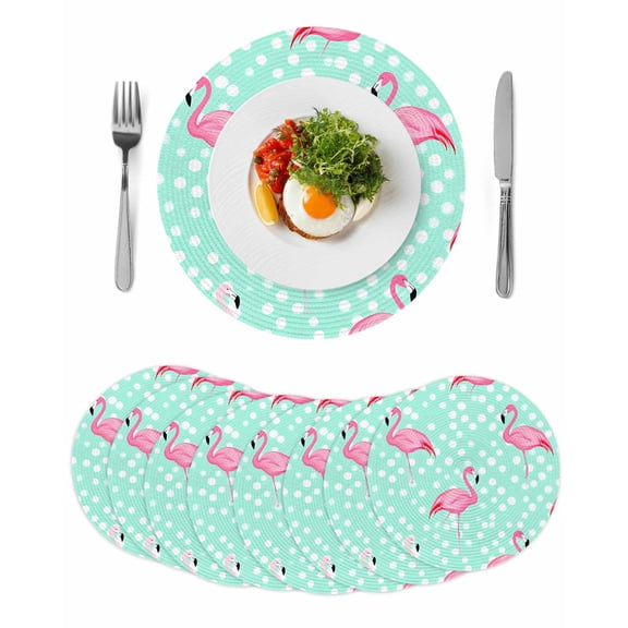 Green Flamingo Round 13 Inch Placemats Set of 8, Polka Dot Modern Art HeatResistant Non Slip Place Mats for Dining Table, Wipeable Braided Kitchen Table Mats for Housewarming