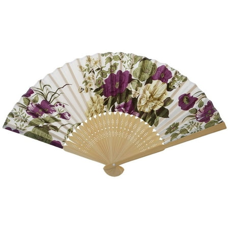 

Women s Summer Wedding Floral Pattern Fabric Folding Hand Fan White Purple