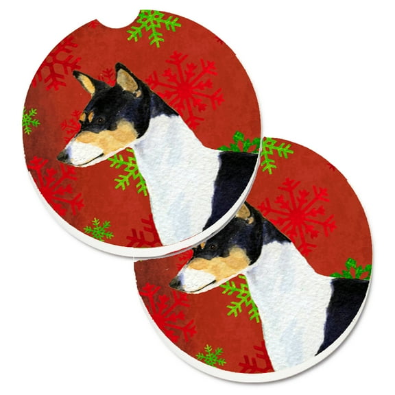Basenji Red and Green Snowflakes Holiday Christmas Set of 2 Cup Holder Car Coasters